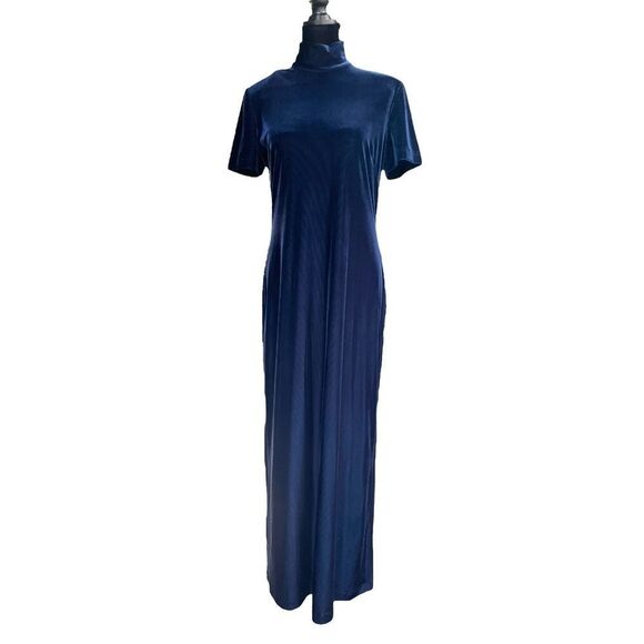 Vintage Kay Unger Maxi Dress Size 10 Fitted Ribbed velvet Turtleneck Blue Dress - Picture 1 of 7